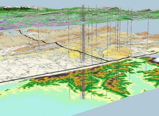 Uma imagem gerada por computador de um mapa de um lago e área terrestre com uma grande quantidade de água e cobertura terrestre ao fundo e uma linha de terra com um, (uma renderização digital:0,583).