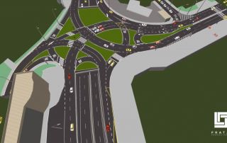 Uma imagem gerada por computador de um cruzamento de estradas com carros e caminhões nela, e uma ponte sobre a estrada, com uma área verde com uma borda azul, (uma renderização digital: 0,843)