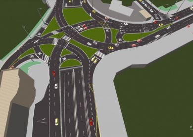 Uma imagem gerada por computador de um cruzamento de estradas com carros e caminhões nela, e uma ponte sobre a estrada, com uma área verde com uma borda azul, (uma renderização digital: 0,843)