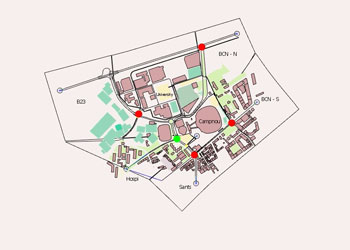 Um mapa de uma cidade com pontos vermelhos nele e um ponto verde no mapa de uma cidade com pontos vermelhos nele e um ponto vermelho no mapa, (uma ilustração de: 0,433).