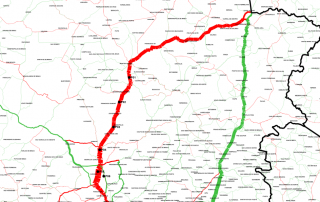 Um mapa do estado da Pensilvânia com uma linha vermelha no centro e linhas verdes no meio do mapa do estado (uma captura de tela: 0,446).