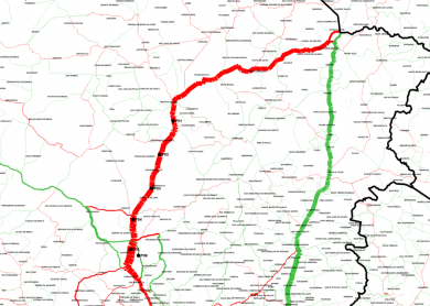 Um mapa do estado da Pensilvânia com uma linha vermelha no centro e linhas verdes no meio do mapa do estado (uma captura de tela: 0,446).