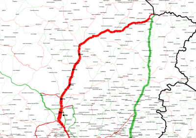 Um mapa do estado da Pensilvânia com uma linha vermelha no centro e linhas verdes no meio do mapa do estado (uma captura de tela: 0,446).