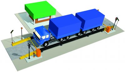 Um caminhão está dirigindo pela estrada com uma caixa verde e azul em sua parte traseira e um poste amarelo e laranja em seu lado. (uma representação digital: 0.792)
