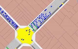 Um mapa de uma cidade com um círculo amarelo no meio e um círculo amarelo no meio da rua com carros nele, (uma ilustração de:0,349)
