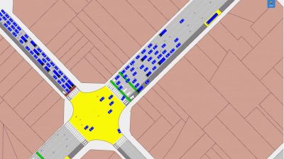 Um mapa de uma cidade com um círculo amarelo no meio e um círculo amarelo no meio da rua com carros nele, (uma ilustração de:0,349)