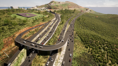 Uma rodovia com uma montanha ao fundo e uma rodovia com carros nela e uma estrada com uma rampa ao lado e uma estrada com uma colina com uma (uma renderização digital: 0,618)
