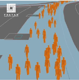 Um grupo de pessoas caminhando pela pista ao lado de uma pista de aeroporto com uma linha laranja de pessoas na pista e uma linha azul de aviões, (uma renderização de computador: 0,242).