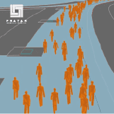 Um grupo de pessoas caminhando por uma rua ao lado de uma pista de decolagem com um fundo de céu e uma sobreposição de texto que diz "Fast track, o futuro" (uma pintura de ultrafinos detalhes: 0,331).