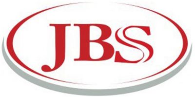 Um logotipo da JBS vermelho e branco com a palavra JBS na lateral e uma oval vermelha e branca com a palavra JBS na lateral (uma representação digital:0.149)