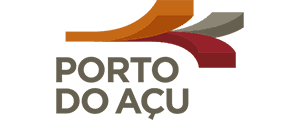 uma logomarca para uma empresa com uma seta vermelha e laranja ao seu lado e as palavras porto do acu no centro da imagem, (um pastel: 0,195)