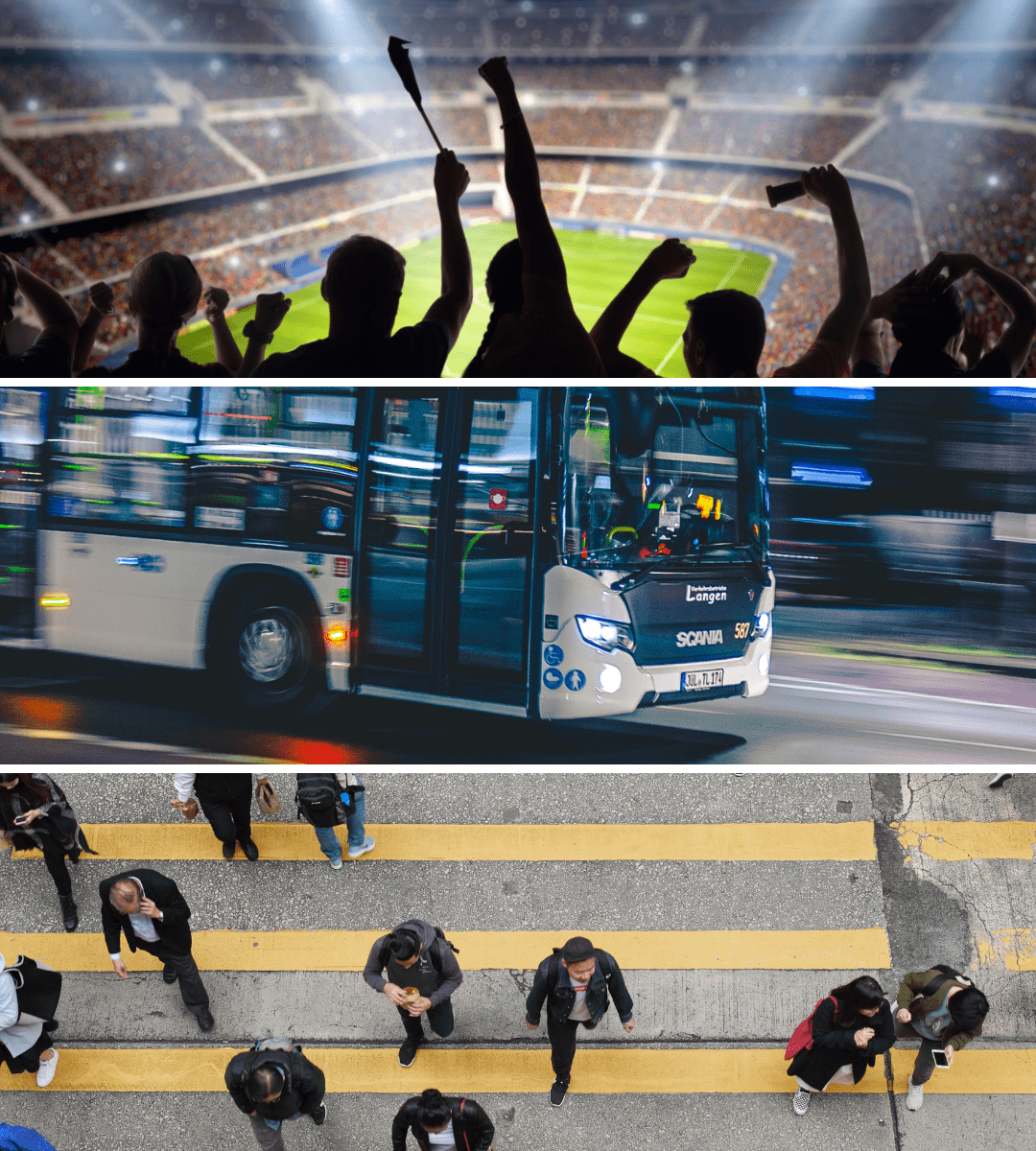 um grupo de pessoas em pé em uma rua ao lado de um ônibus e uma multidão de pessoas em pé na rua com os braços para o ar e um ônibus, (uma foto de estoque: 0,397)