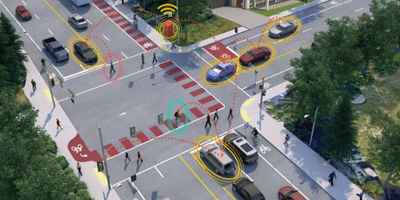 Uma imagem gerada por computador de um cruzamento de ruas em uma cidade com carros e pedestres na rua e uma faixa de pedestres na rua com um sinal vermelho no canto. (uma renderização digital: 0,766)