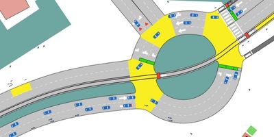 Um plano de uma interseção rodoviária com um círculo amarelo no centro da interseção e um círculo vermelho no centro da interseção com um círculo amarelo, (uma renderização digital: 0,670)