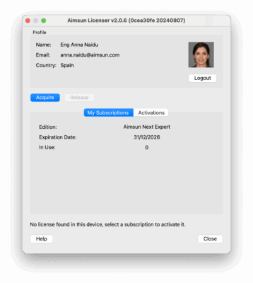 Capturas oficiais atualizadas do fluxo myAimsun/Licenser e imagem de assinatura.