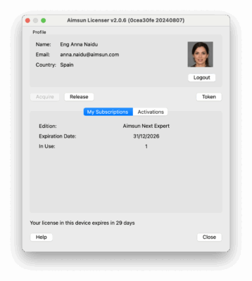 Capturas oficiais atualizadas do fluxo myAimsun/Licenser e imagem de assinatura.