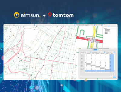 Arte oficial da parceria entre TomTom e Aimsun para planejamento de transportes